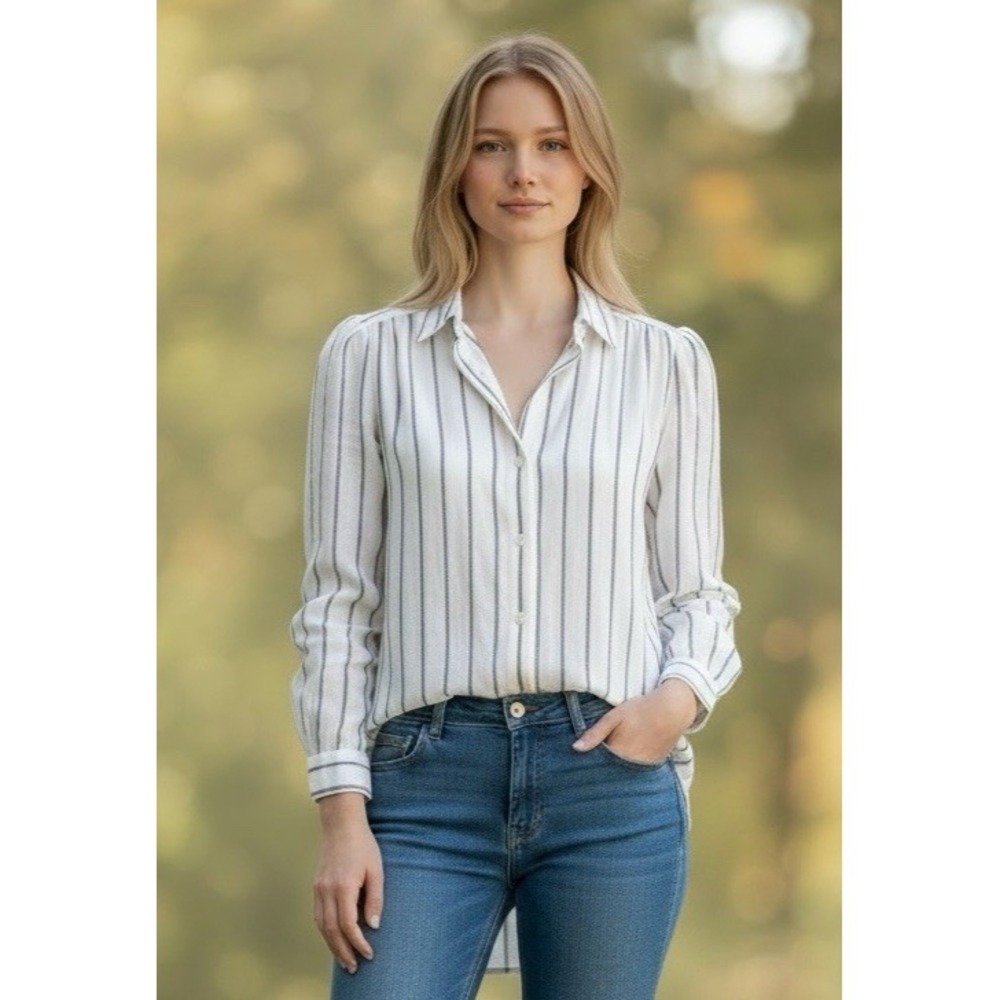CP Shades Women's S Linen Button Up Shirt LS Off White & Blue Stripe EUC